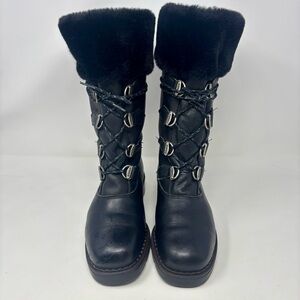 Sorel Boots Leather Lace Up Black Faux Shearling Vintage Women's 8 Chunky Heel